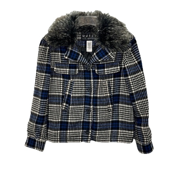 GUESS Girls Blue Plaid Jacket with Faux Fur Collar L-14 - Picture 1 of 9